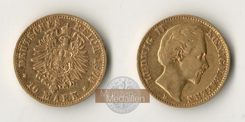 Deutsches Kaiserreich, Bayern. MM-Frankfurt Feingold: 3,58g Ludwig II. 1864-1886. 10 Mark 1874 D 