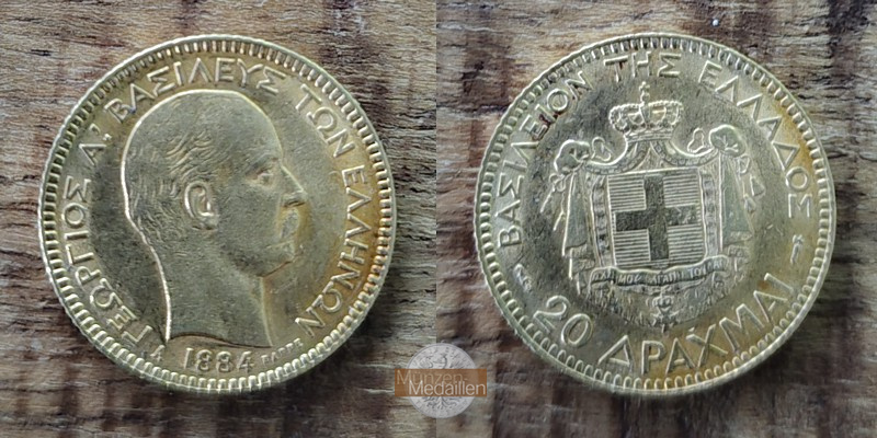 Griechenland, Georg I. 1863-1922. MM-Frankfurt Feingold: 5,81g 20 Drachmen 1884 A 