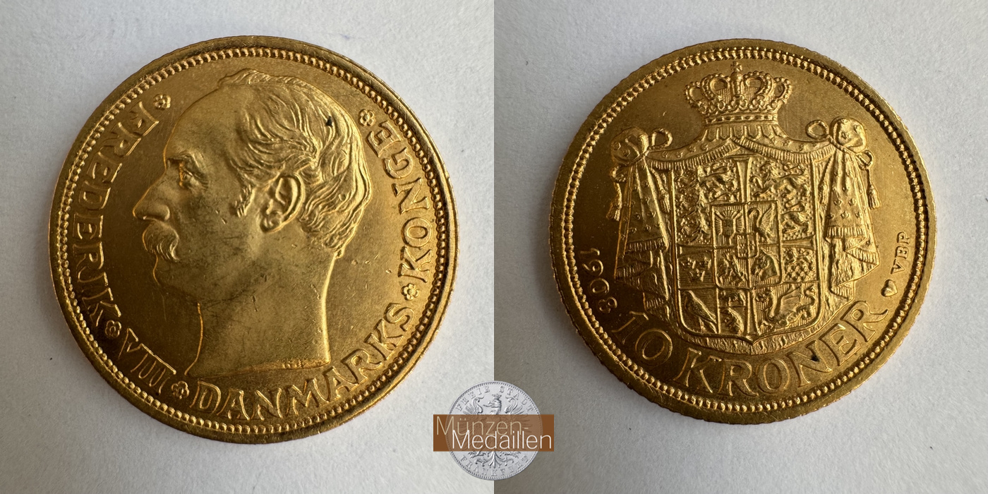 Dänemark, Frederik VIII. (1906-1912) MM-Frankfurt KM#809 Feingold: 4,03g 10 Kroner 1908 VBP 