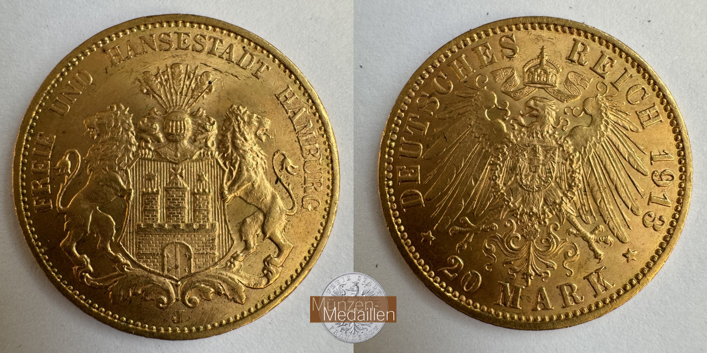 Hamburg, Freie und Hansestadt MM-Frankfurt KM#618 Feingold: 7,17g 20 Mark 1913 J 
