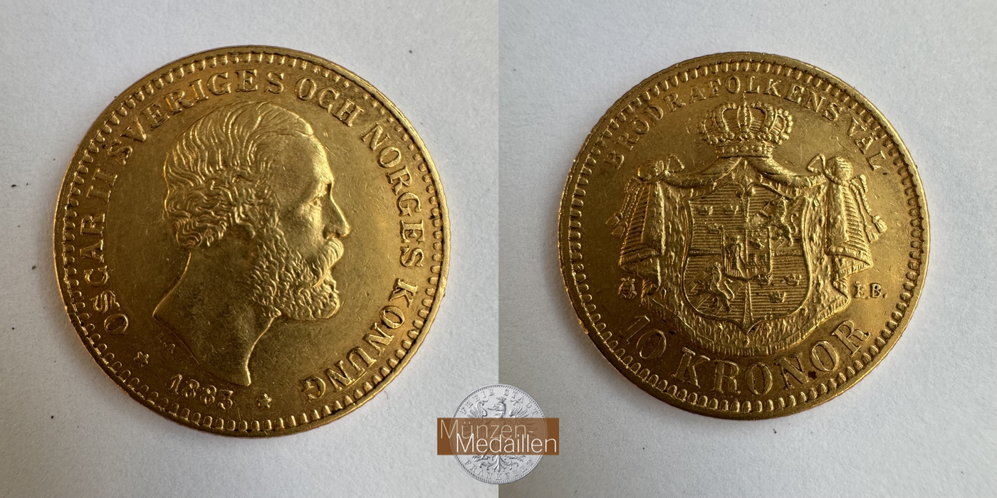 Schweden, Oscar II (1872-1907) MM-Frankfurt KM#743 Feingold: 4,03g 10 Kronen 1883 