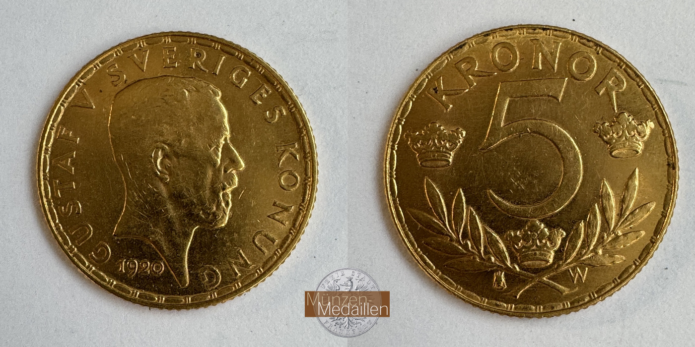 Schweden, Gustaf V. (1907-1950) MM-Frankfurt KM#797 Feingold: 2,02g 5 Kronen 1920 W 