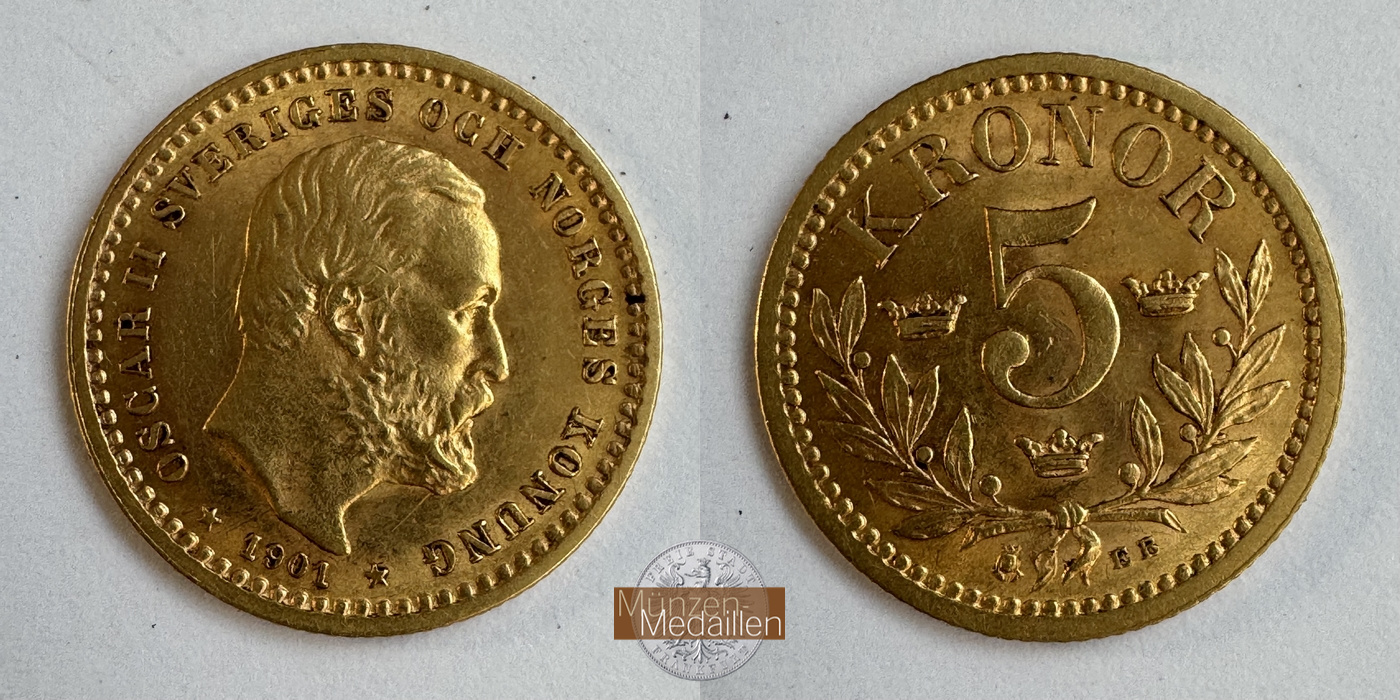 Schweden, Oscar II (1872-1907) MM-Frankfurt KM#766 Feingold: 2,02g 5 Kronen 1901 EB 