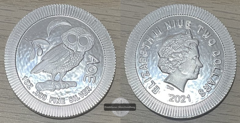  Niue  2 Dollar  2021  Athena Eule   FM-Frankfurt KM#1429.1 Feinsilber: 31,1g   