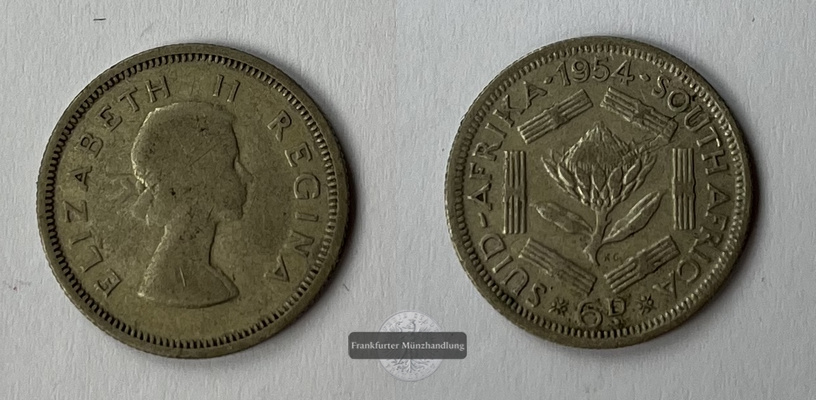  Südafrika 6 Pence  1954  Elizabeth II. Regina  KM#48  FM-Frankfurt  Feinsilber: 1,41g   
