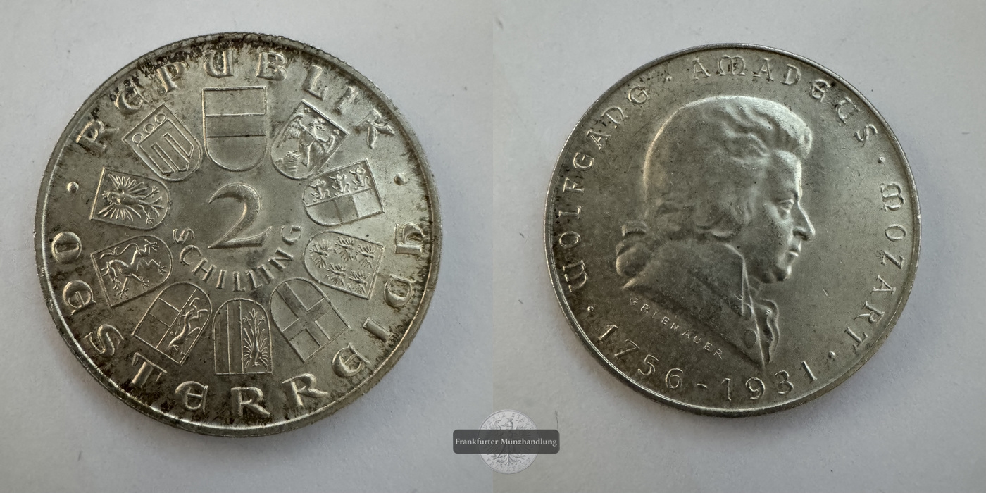  Österreich, 2 Schillings Wolfgang Amadeus Mozart FM-Frankfurt KM#2847 Feinsilber: 7,68g   