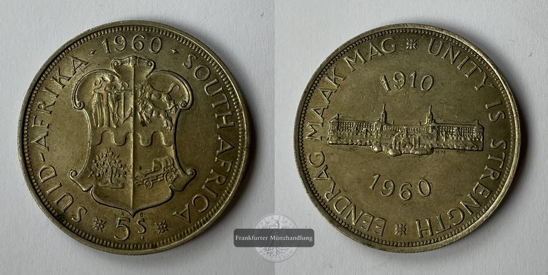  Südafrika  5  Shillings  1960 50. Jt. der Südafrikanischen Union  FM-Frankfurt  Feinsilber: 14,14g   