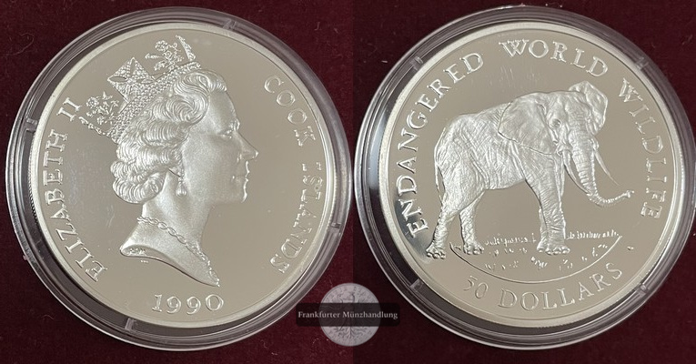  Cook Island.  50 Dollar (Elefant)  1990  FM-Frankfurt  Feingewicht: 17,95g Silber PP   