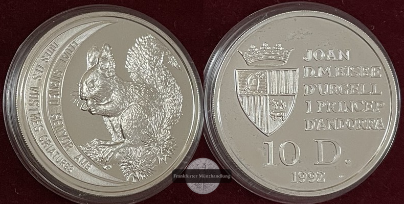  Andorra  10 Dinar 1992 Eurasisches Eichhörnchen   FM-Frankfurt  Feinsilber: 28,86g   
