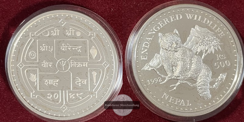  Nepal 500 Rupee (Roter Panda) 1992 FM-Frankfurt  Feingewicht: 29,11g Silber pp   