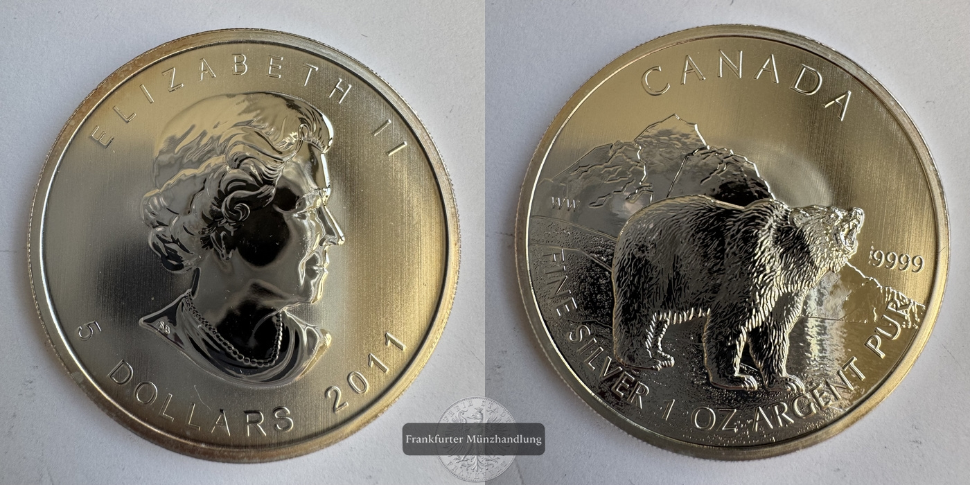  Kanada. 5 Dollar 2011 Wildlife - Grizzly   FM-Frankfurt KM#1109 Feinsilber: 31,1g   