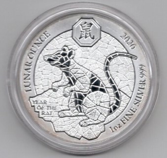 Ruanda 50 Francs 2020 Lunar Ounce Jahr der Ratte 1 Oz Silber 31,1 g