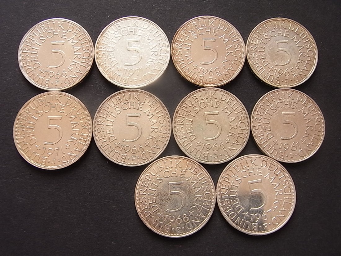  BRD 5 DM 10 Stück verschiedene Jahrgänge ss-vzgl Silber 0,625 ges. 70gr. fein Nr.1   