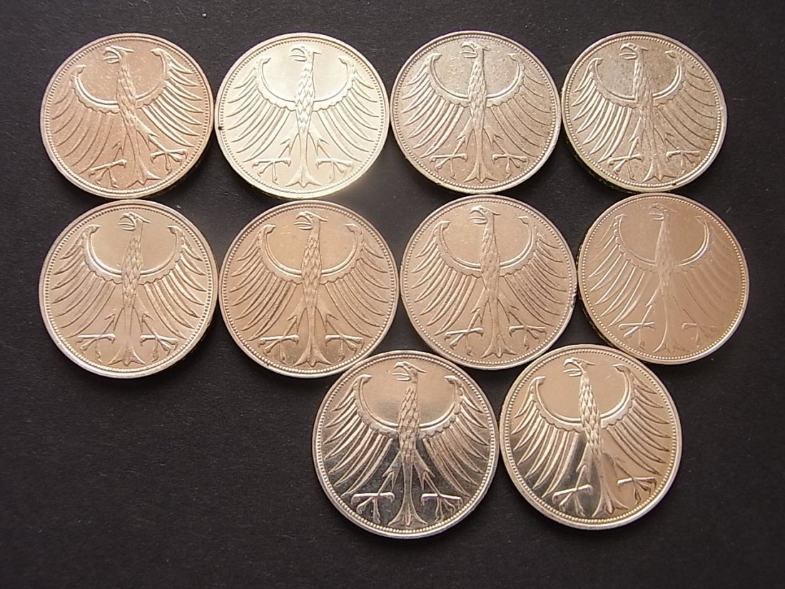  BRD 5 DM 10 Stück verschiedene Jahrgänge ss-vzgl Silber 0,625 ges. 70gr. fein Nr.4   