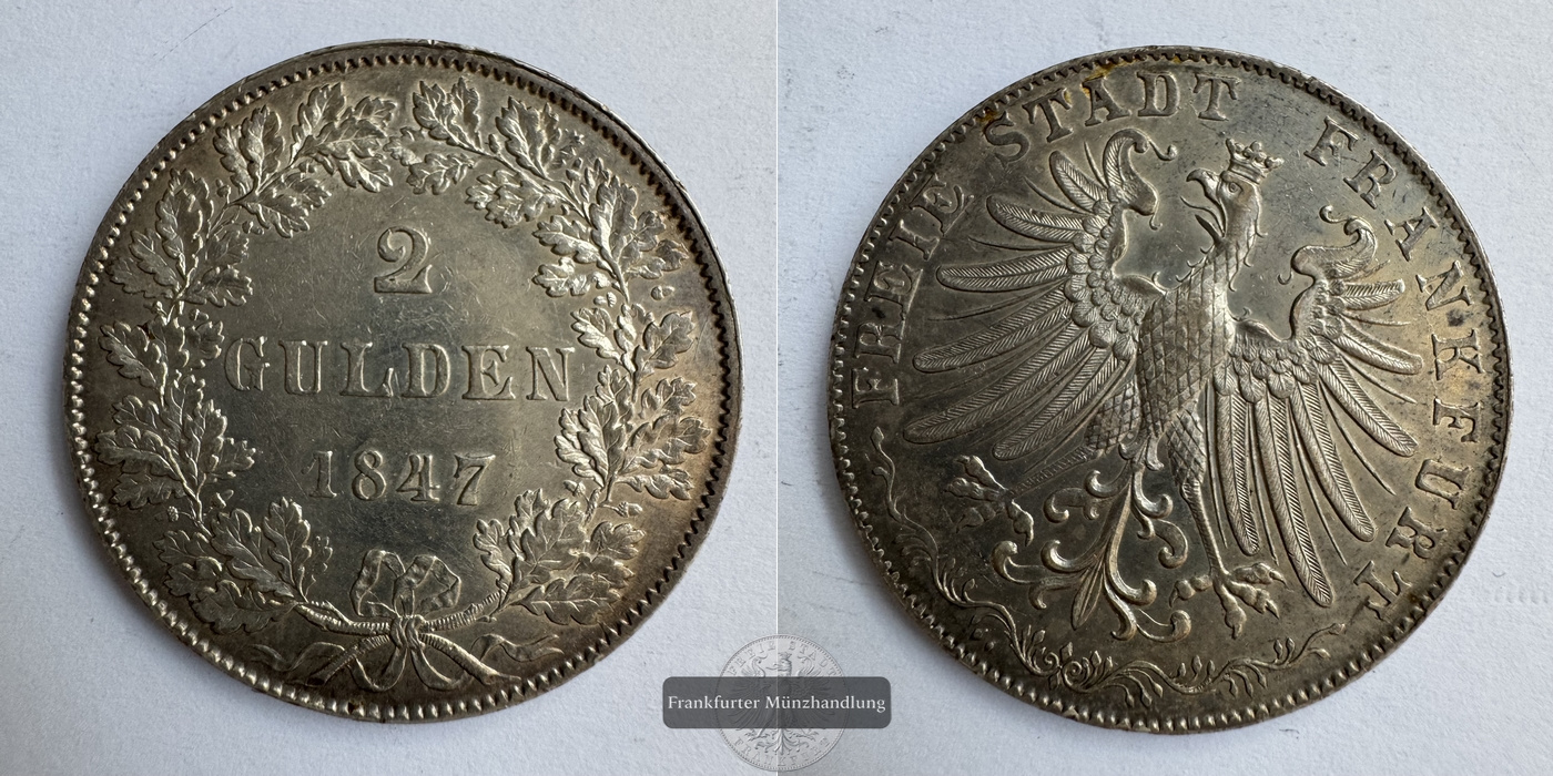 Freie Reichstadt Frankfurt 2 Gulden 1847 FM-Frankfurt KM#333 Feinsilber: 19,09g   