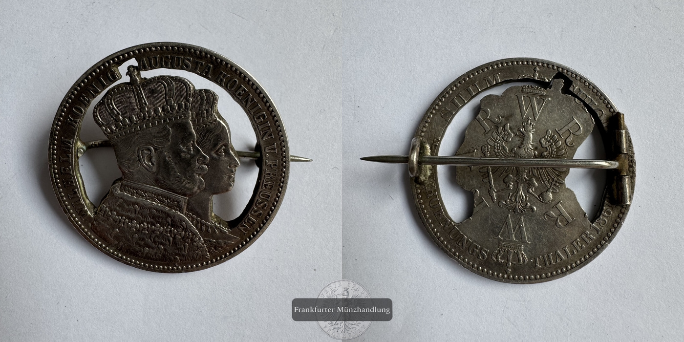  Anstecker: Preußen 1 Taler 1861 Krönung v. Wilhelm I. & Augusta FM-Frankfurt Feinsilber: 14,54g   