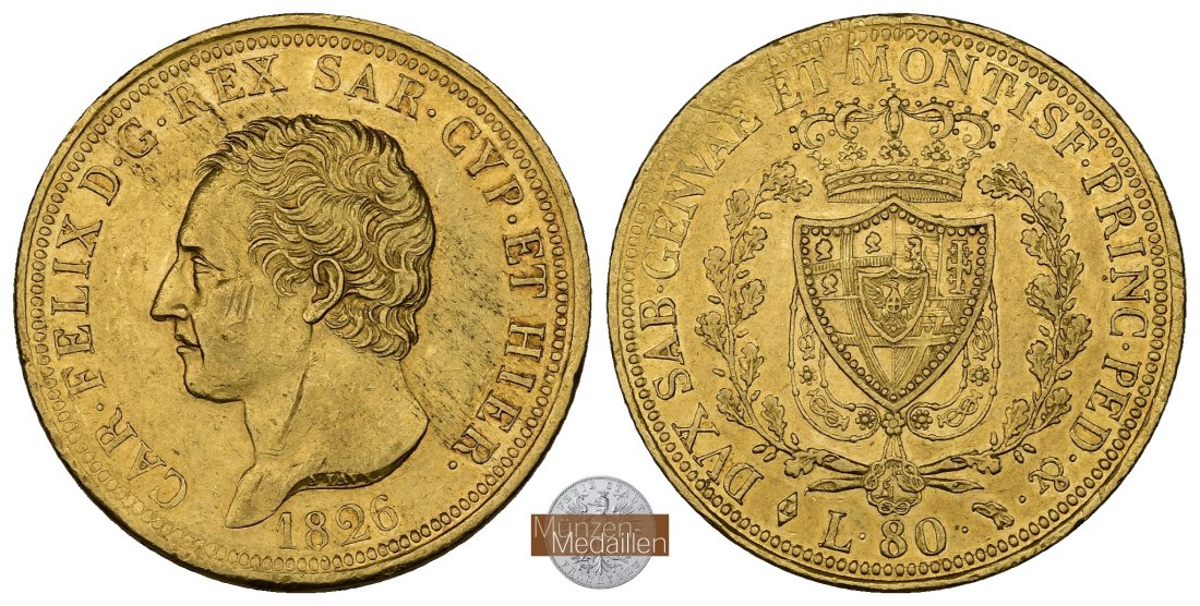 Sardinien, König Karl Felix 1821-1831 MM-Frankfurt Feingold: 23,24g 80 Lire 1826 L 