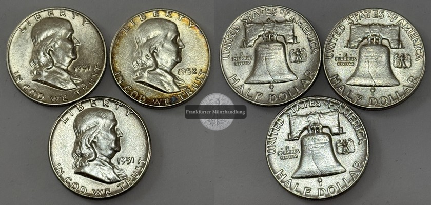  USA 3x 1/2 Dollar 1951,52 Franklin Half Dollar FM-Frankfurt  Feinsilber: 33,75g   