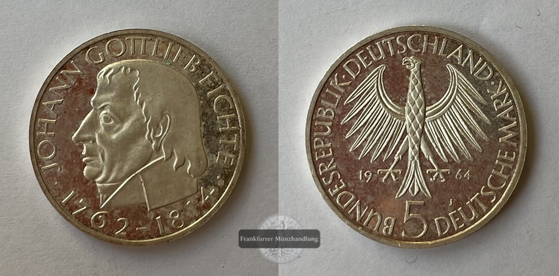  Deutschland 5 Mark 1964 Johann Gottlieb Fichte J#393 FM-Frankfurt Feinsilber: 7g   