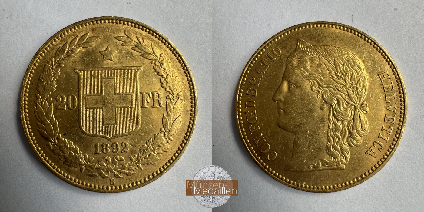 Schweiz MM-Frankfurt KM#31 Feingold: 5,81g 20 sFR (Helvetia) 1892 
