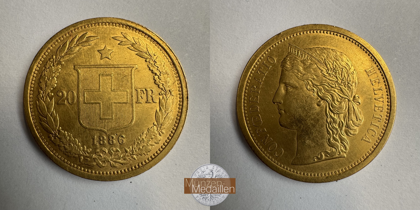 Schweiz MM-Frankfurt KM#31 Feingold: 5,81g 20 sFR (Helvetia) 1886 