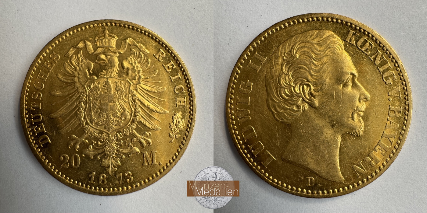 Dt. Kaiserreich, Bayern Ludwig II. MM-Frankfurt KM#894 Feingold: 7,17g 20 Mark 1873 D 