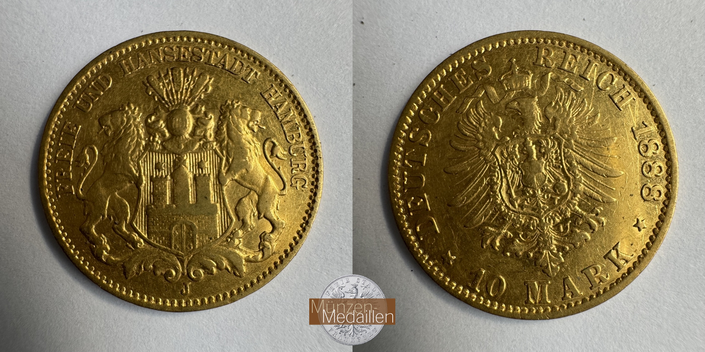 Dt. Kaiserreich Hamburg MM-Frankfurt KM#600 Feingold: 3,58g 10 Mark (1875-1888) 1888 J 