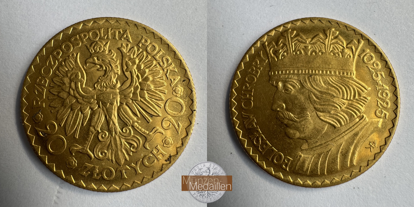  Polen, 20 Zlotys 1925 Boleslaus I the Brave MM-Frankfurt Y#33 Feingold: 5,81g   