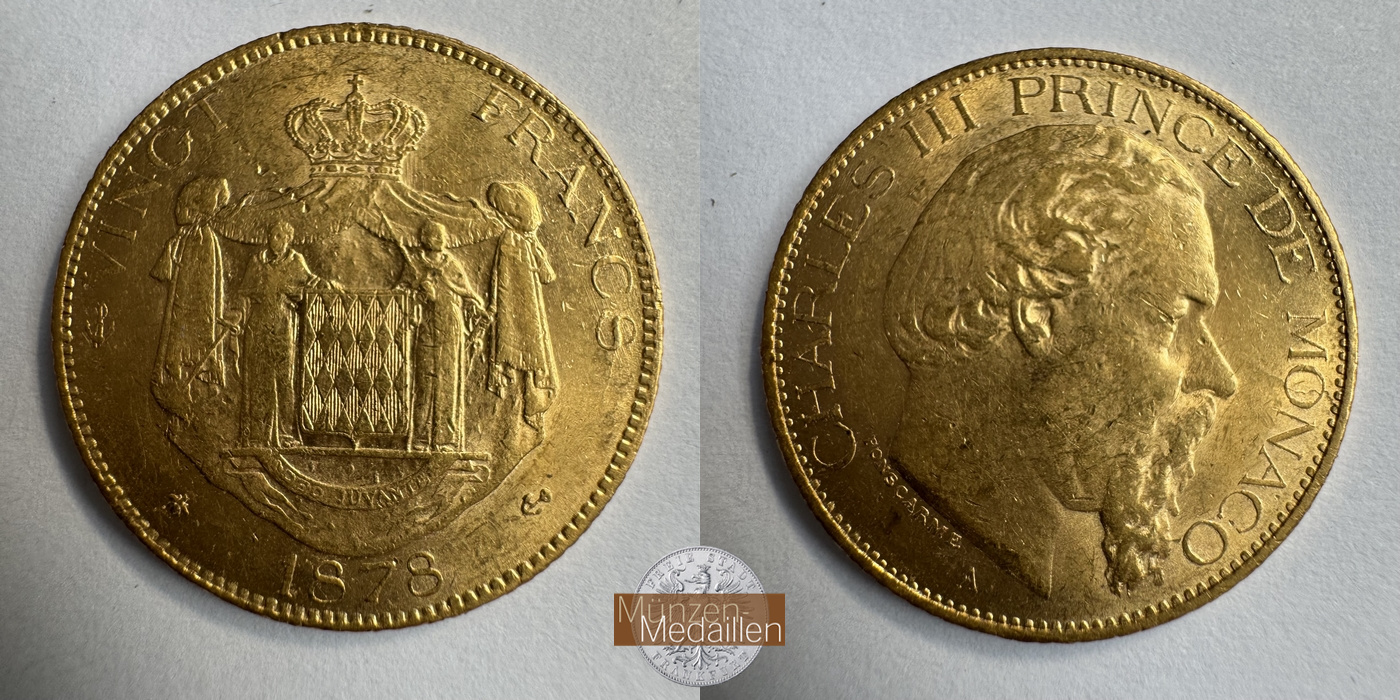  Monaco, 20 Francs 1878 (1878-1879) Charles III MM-Frankfurt KM#98 Feingold: 5,81g   