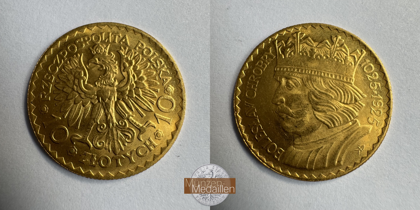  Polen, 10 Zlotys 1925 Boleslaus I the Brave MM-Frankfurt Y#32 Feingold: 2,91g   