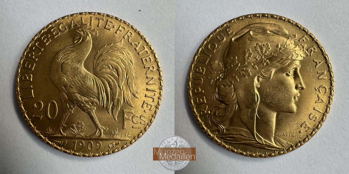  Frankreich, 20 Francs 1909 (1907-1914) MM-Frankfurt KM#857 Feingold: 5,81g   
