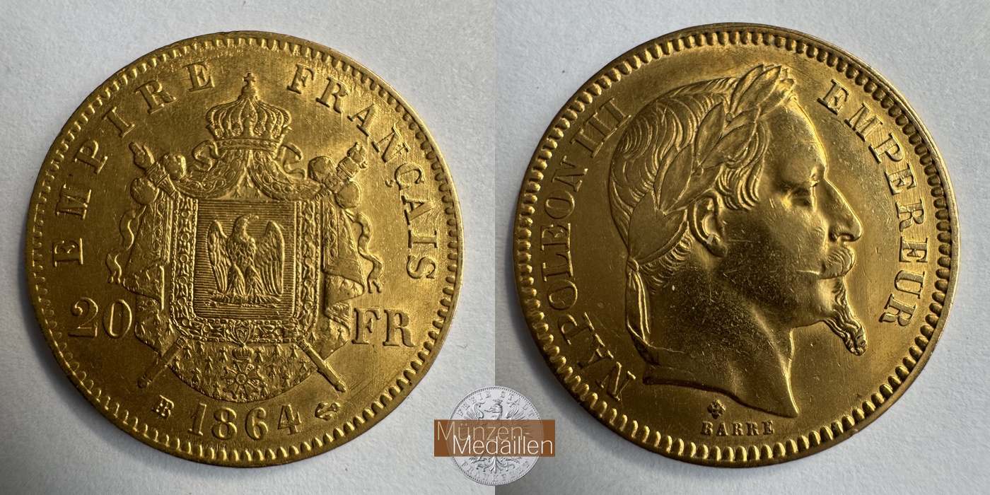 Frankreich, Napoleon III MM-Frankfurt KM#6801 Feingold: 5,81g 20 Francs (1861-1870) 1864 