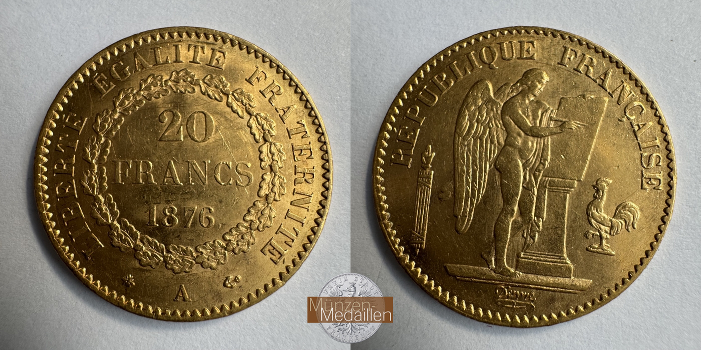  Frankreich, 20 Francs 1876 A (1871-1898) MM-Frankfurt KM#825 Feingold: 5,81g   