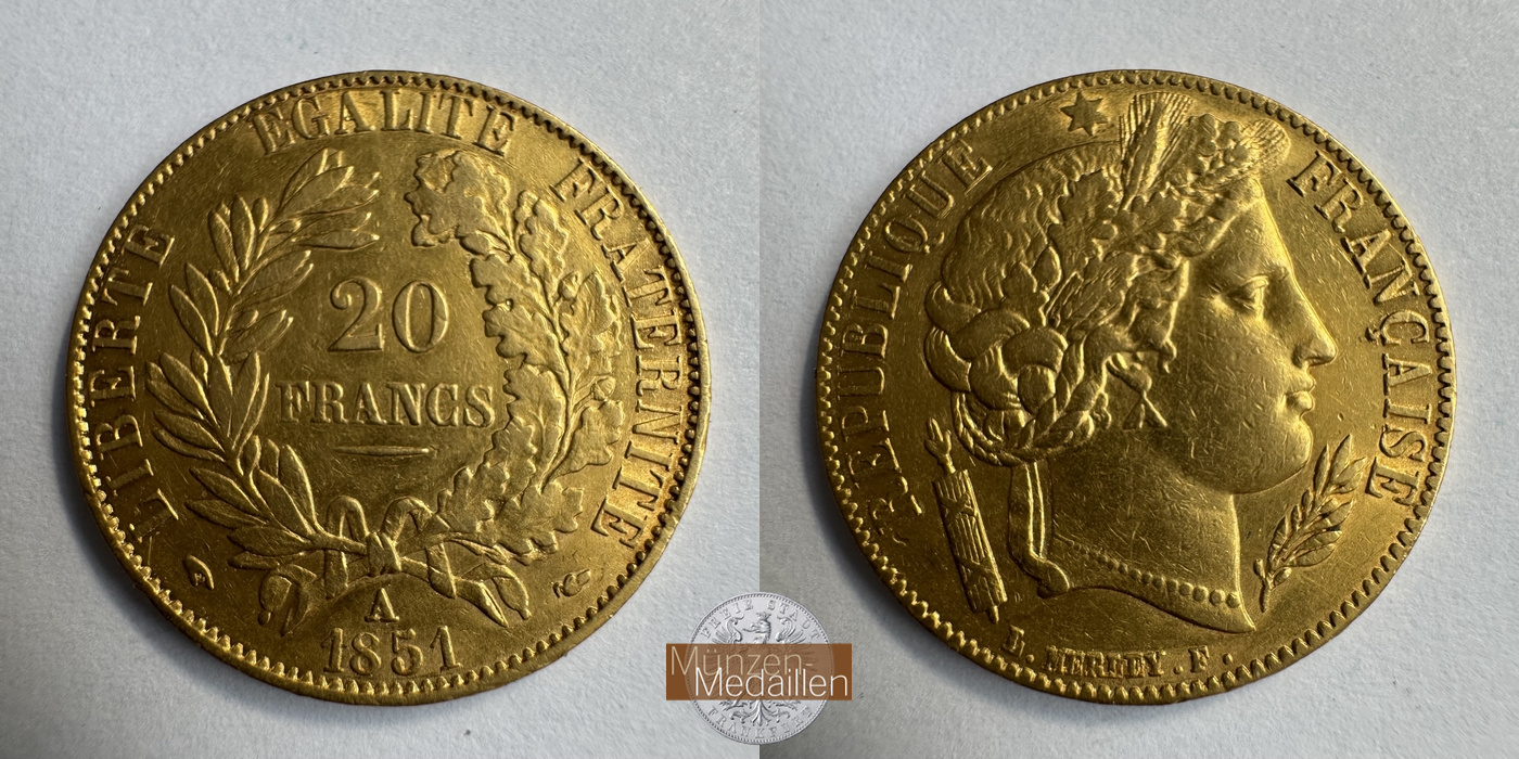 Frankreich MM-Frankfurt KM#762 Feingold: 5,81g 20 Francs (1848-1851) 1851 A 