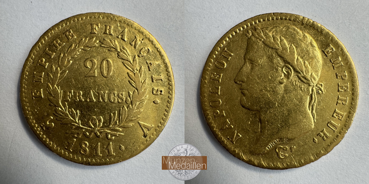 Frankreich, Napoleon I MM-Frankfurt KM#695 Feingold: 5,81g 20 Francs (1809-1814) 1811 A 