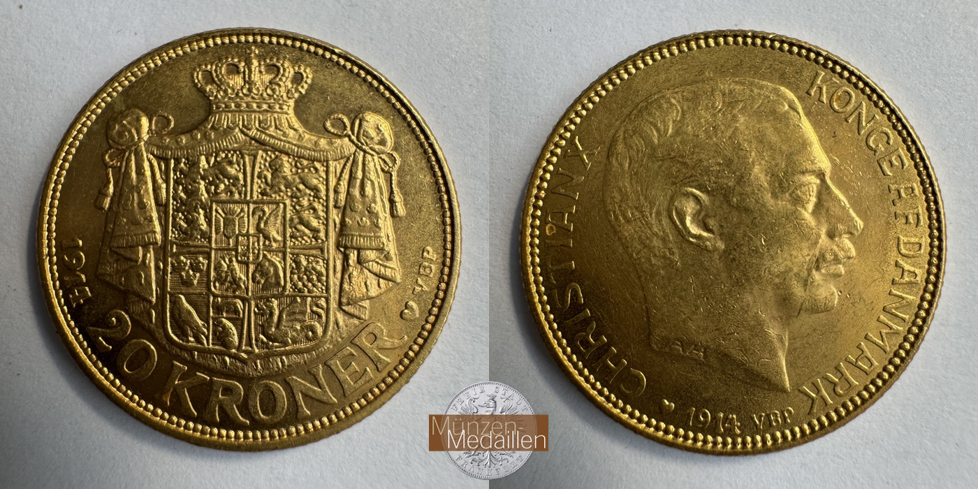 Dänemark, Christian X MM-Frankfurt KM#817 Feingold: 8,06g 20 Kronen (1913-1931) 1914 