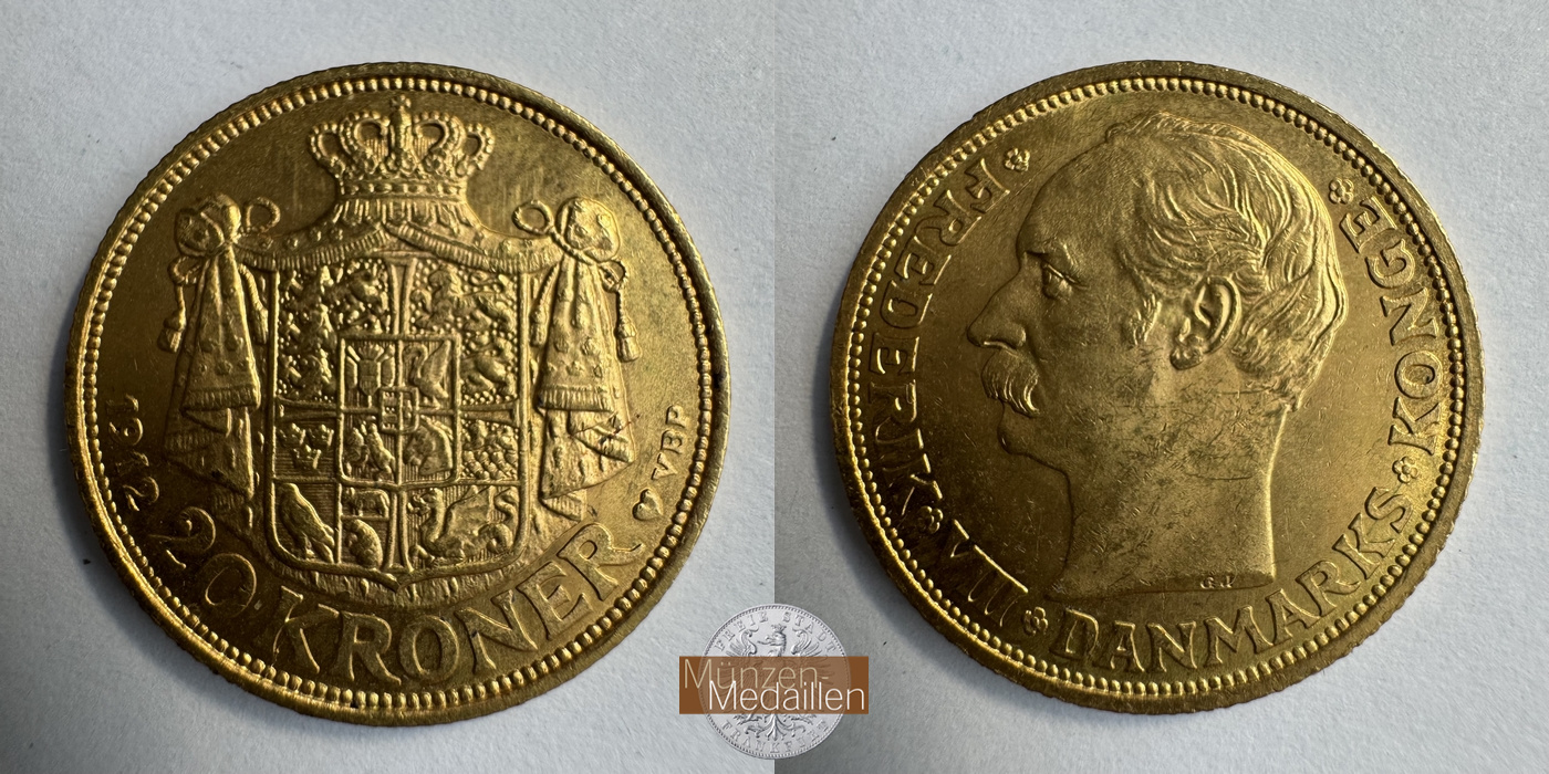 Dänemark, Frederik VIII MM-Frankfurt KM#810 Feingold: 8,06g 20 Kronen (1908-1912) 1912 
