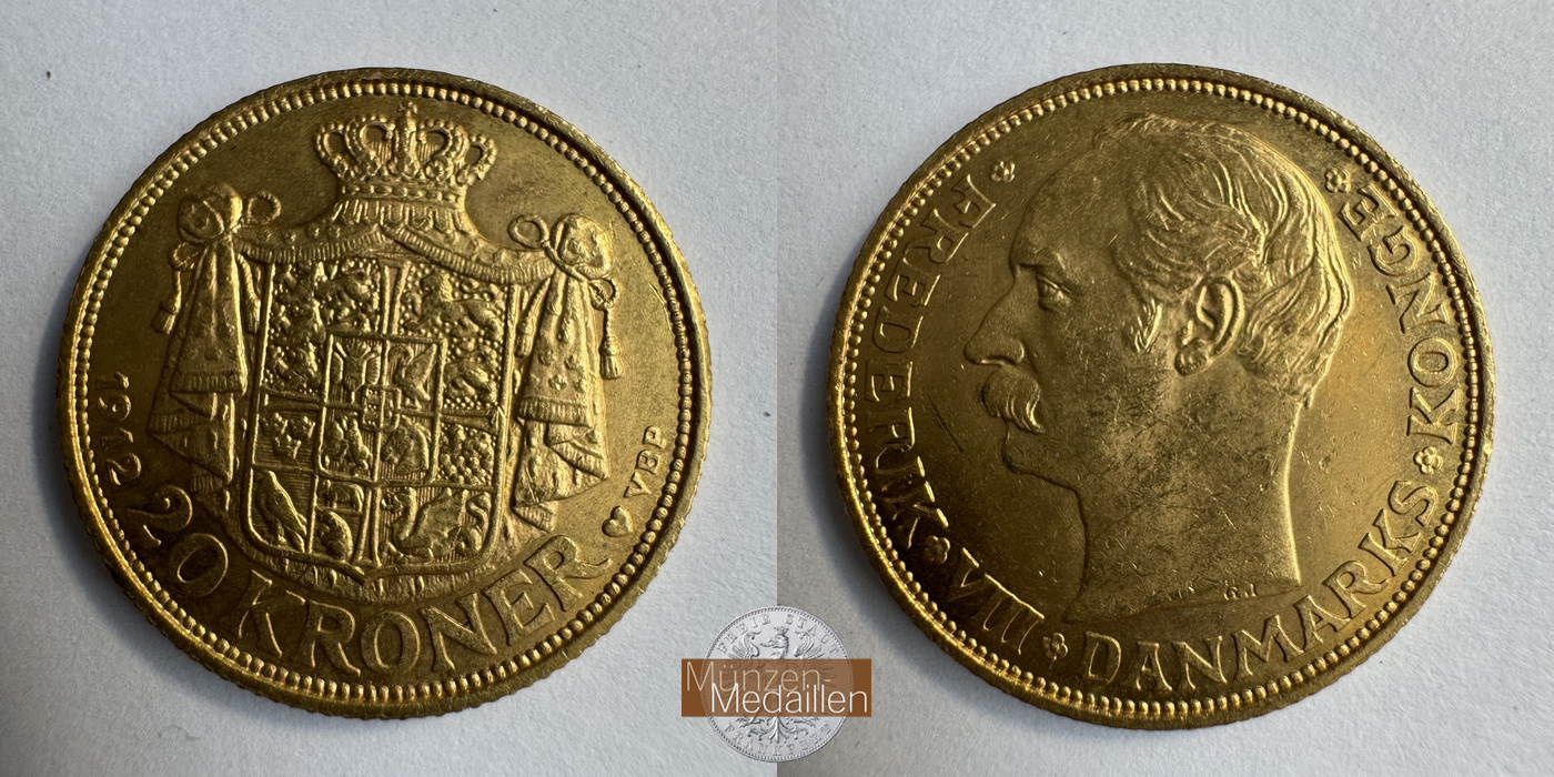 Dänemark, Frederik VIII MM-Frankfurt KM#810 Feingold: 8,06g 20 Kronen (1908-1912) 1912 