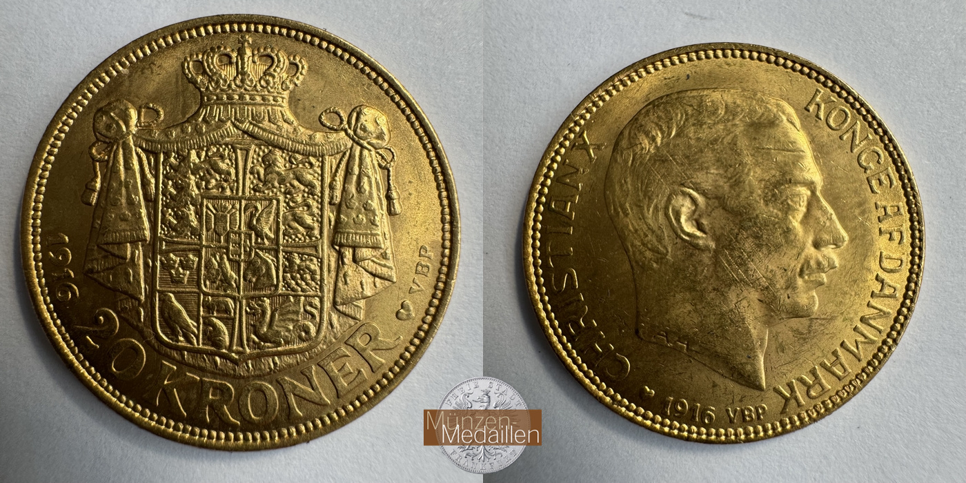 Dänemark, Christian X MM-Frankfurt KM#817 Feingold: 8,06g 20 Kronen (1913-1931) 1916 