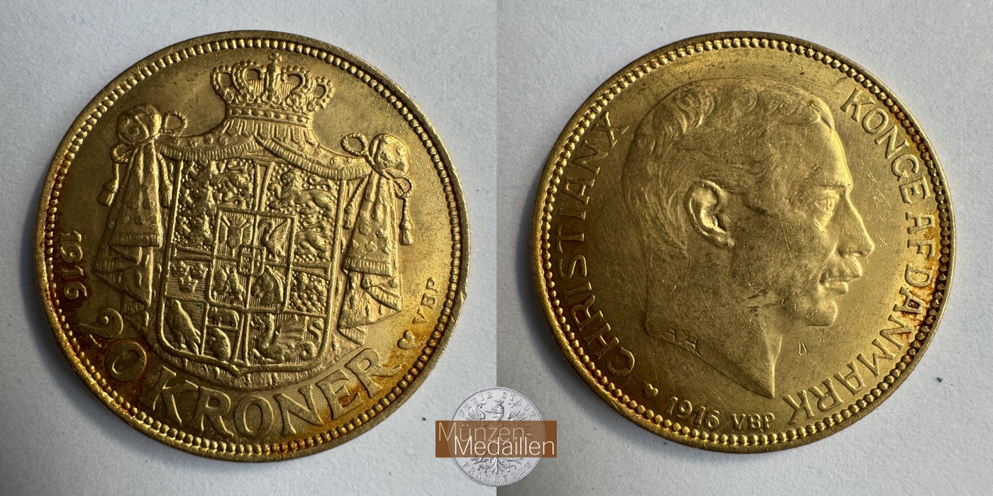 Dänemark, Christian X MM-Frankfurt KM#817 Feingold: 8,06g 20 Kronen (1913-1931) 1916 