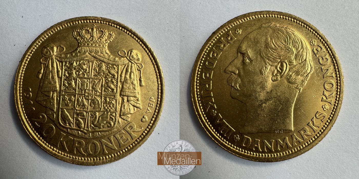 Dänemark, Frederik VIII MM-Frankfurt KM#810 Feingold: 8,06g 20 Kronen (1908-1912) 1911 