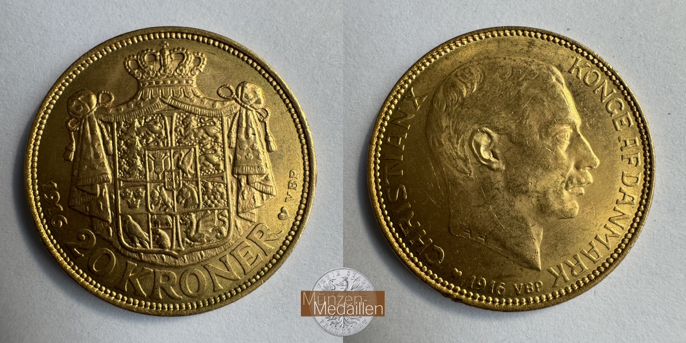 Dänemark, Christian X MM-Frankfurt KM#817 Feingold: 8,06g 20 Kronen (1913-1931) 1916 