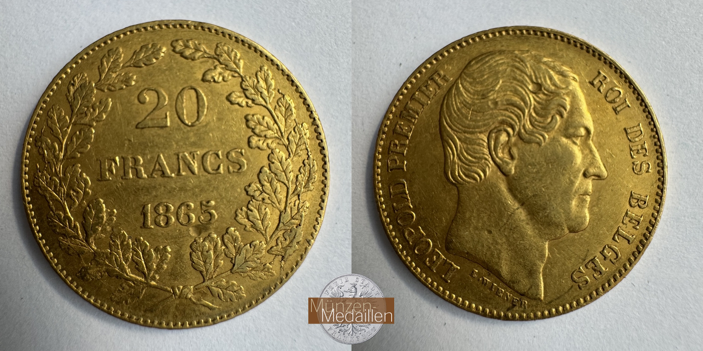 Belgien, Leopold I MM-Frankfurt KM#23 Feingold: 5,81g 20 Francs (1864-1866) 1865 