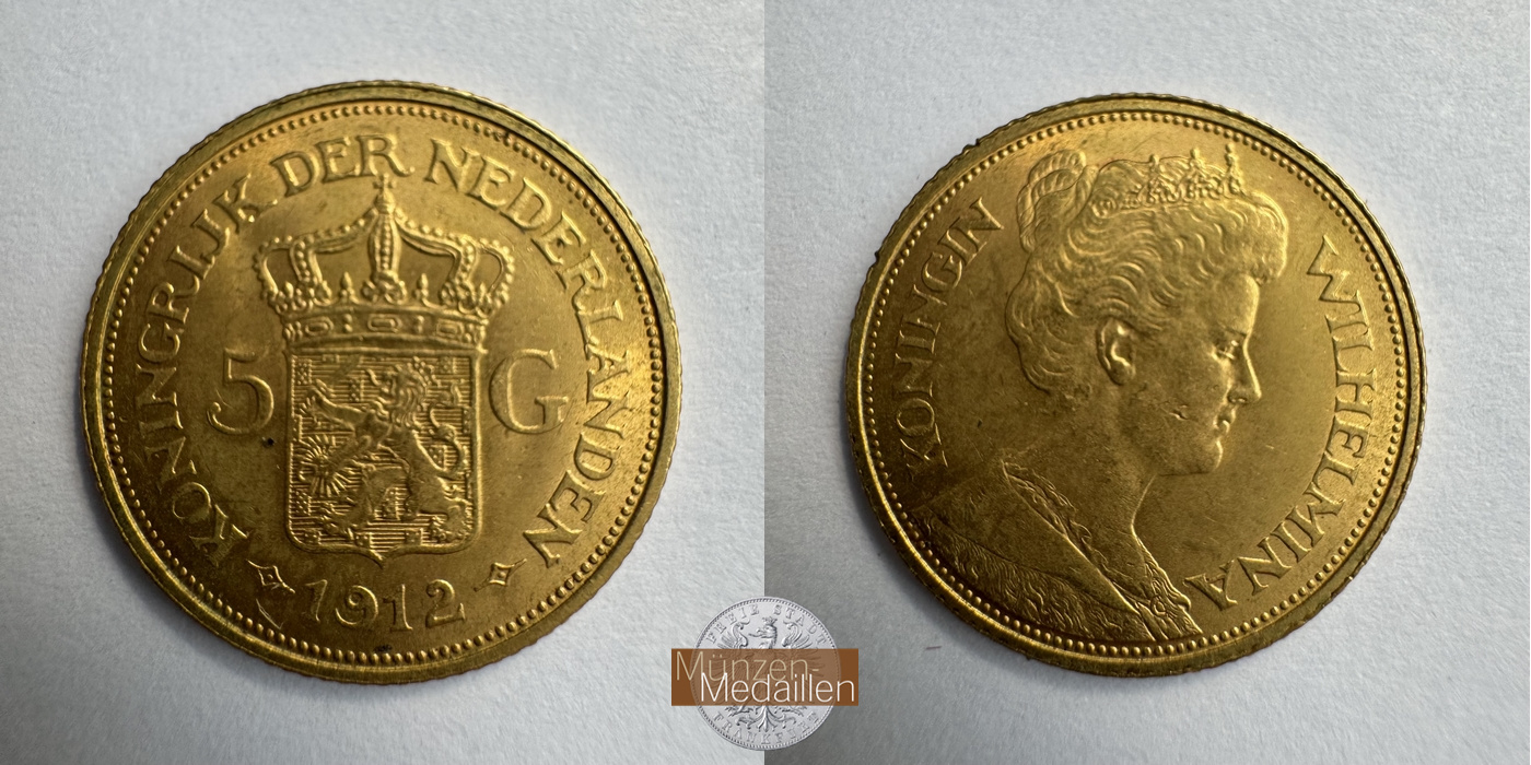 Niederlande, Wilhelmina MM-Frankfurt KM#151 Feingold: 3,02g 5 Gulden 1912 