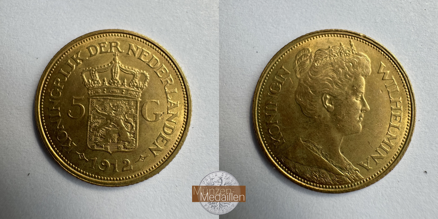 Niederlande, Wilhelmina MM-Frankfurt KM#151 Feingold: 3,02g 5 Gulden 1912 