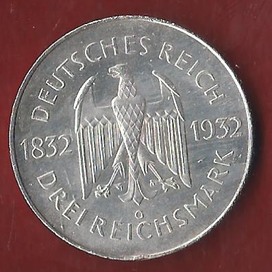  Weimar 3 Mark Goethe 1932 G Münzenankauf Koblenz Frank Maurer AI398   