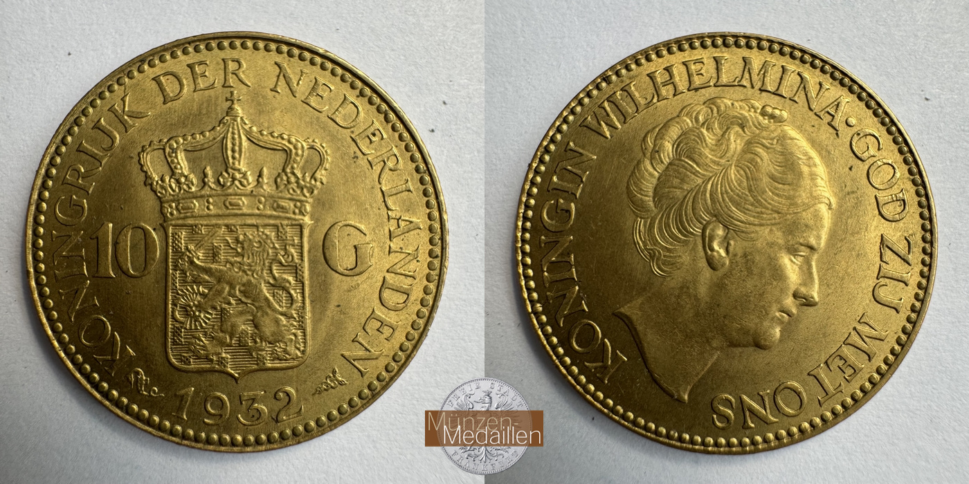 Niederlande, Wilhelmina I MM-Frankfurt KM#162 Feingold: 6,05g 10 Gulden (1925-1933) 1932 