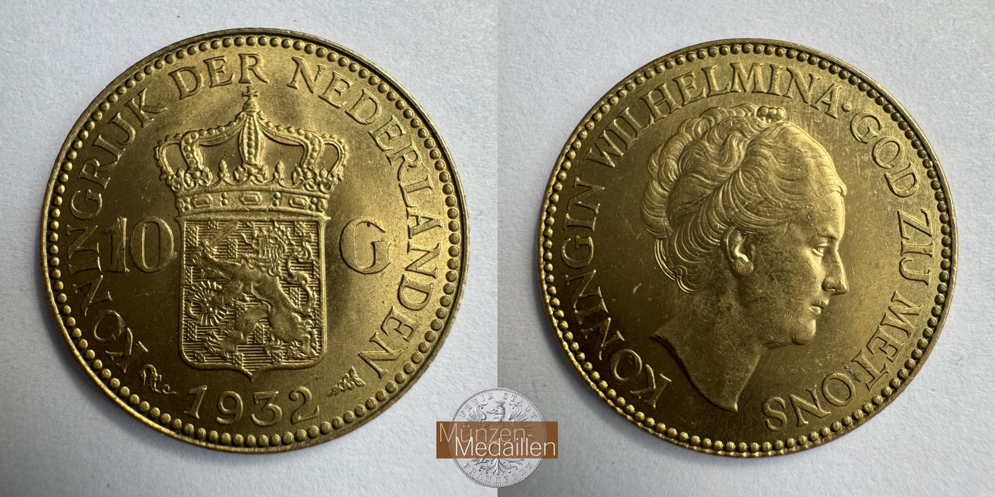 Niederlande, Wilhelmina I MM-Frankfurt KM#162 Feingold: 6,05g 10 Gulden (1925-1933) 1932 