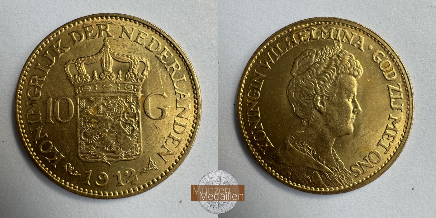 Niederlande, Wilhelmina I MM-Frankfurt KM#149 Feingold: 6,05g 10 Gulden (1911-1917) 1912 