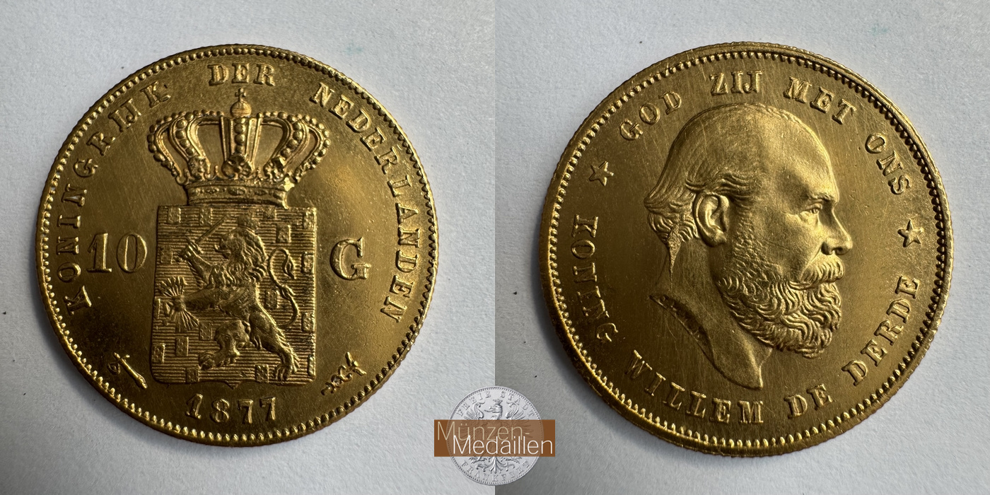 Niederlande, Willem III. MM-Frankfurt KM#106 Feingold: 6,06g 10 Gulden (1876-1889) 1877 